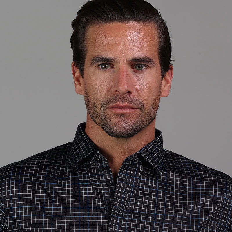 Semi-Spread Collar Polo Black Geometric Grid - Image 2