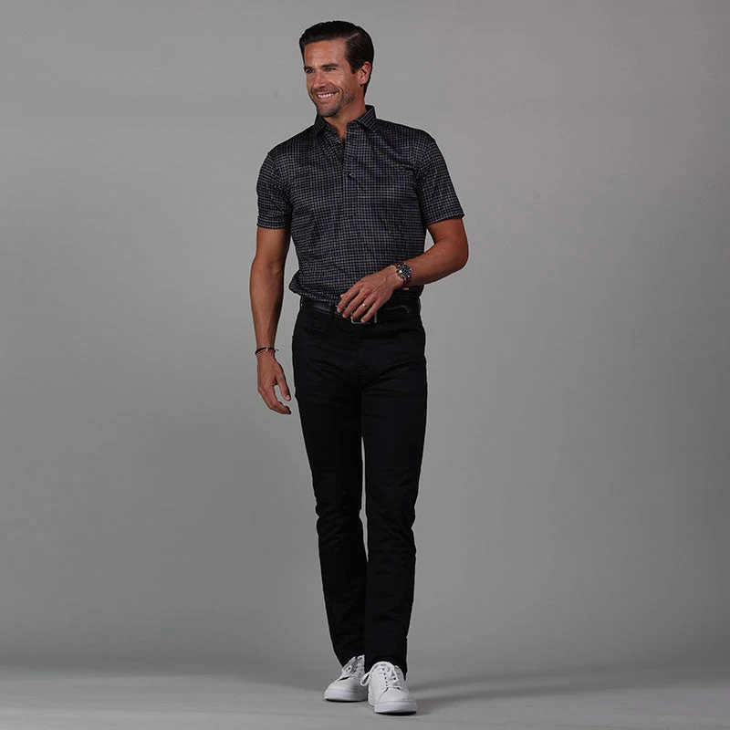 Semi-Spread Collar Polo Black Geometric Grid - Image 3