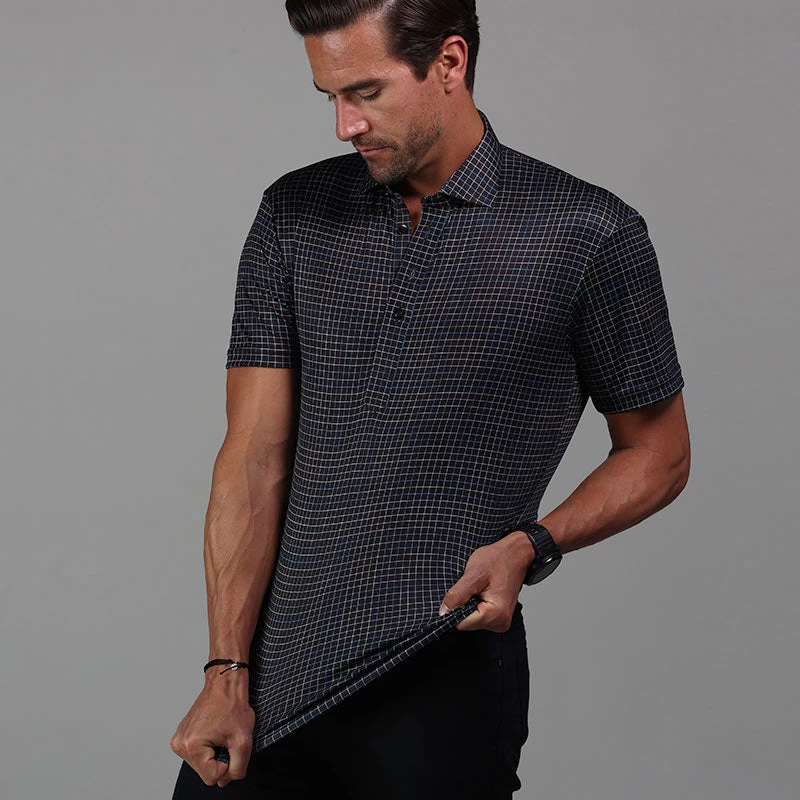 Semi-Spread Collar Polo Black Geometric Grid - Image 4