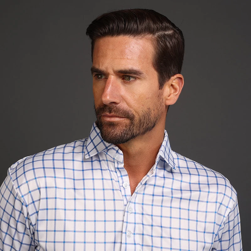 Semi-Spread Collar Polo Blue Grid Check - Image 2
