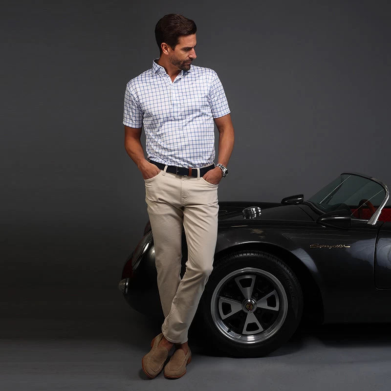 Semi-Spread Collar Polo Blue Grid Check - Image 5