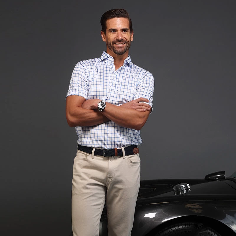 Semi-Spread Collar Polo Blue Grid Check - Image 4