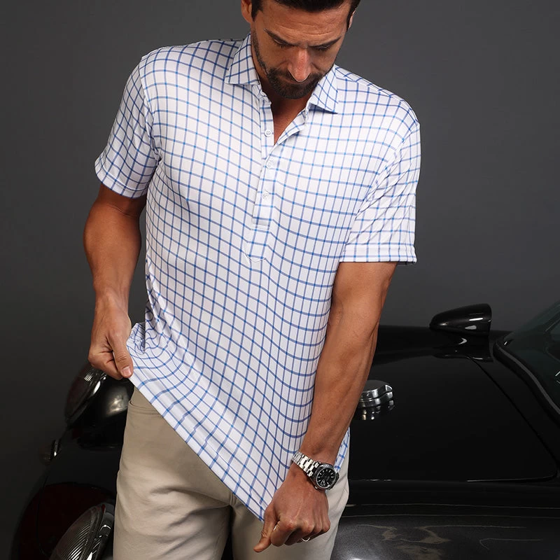 Semi-Spread Collar Polo Blue Grid Check - Image 7