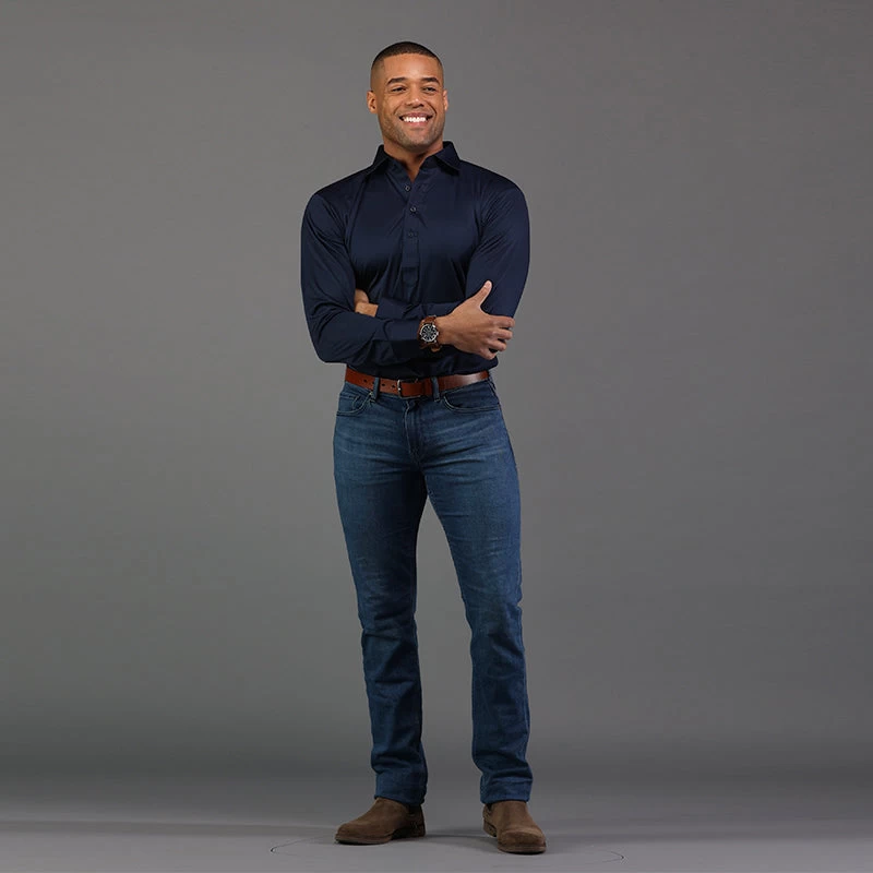 Semi-Spread Collar Polo Long Sleeve Navy - Image 4