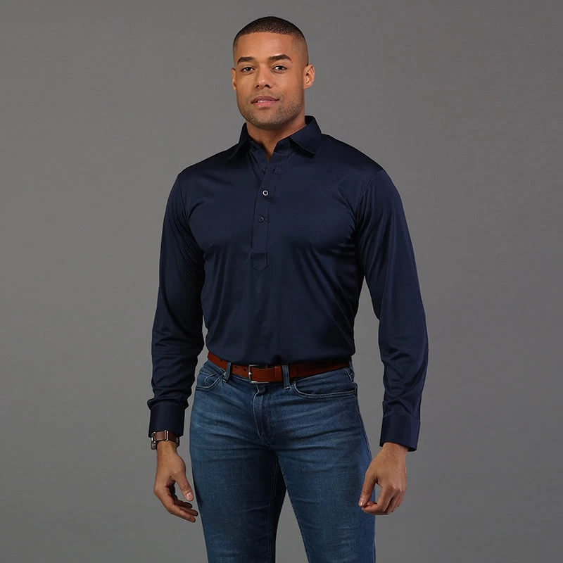 Semi-Spread Collar Polo Long Sleeve Navy - Image 3