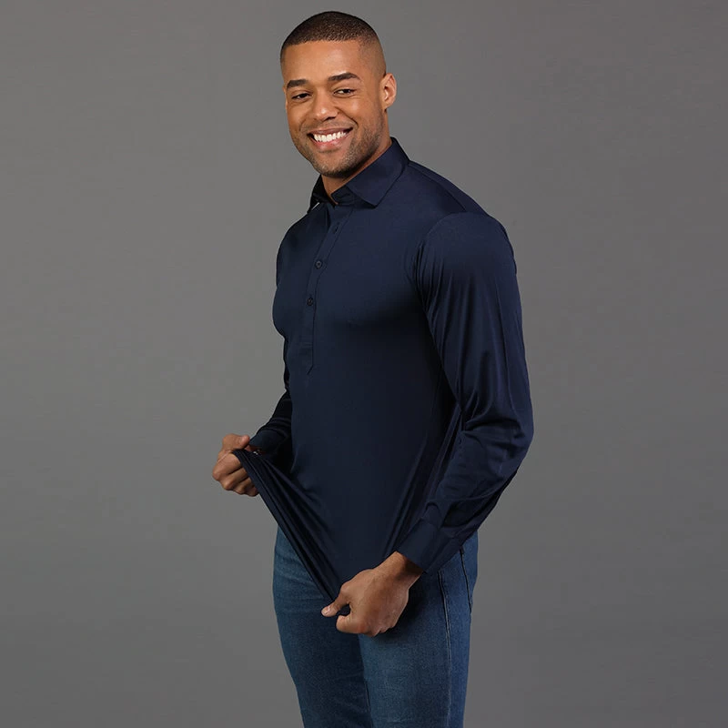 Semi-Spread Collar Polo Long Sleeve Navy - Image 5