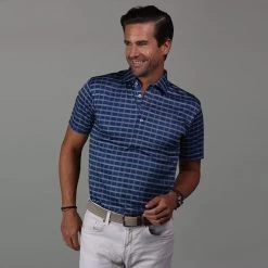 Semi-Spread Collar Polo Bedford Navy Three Stripe Grid