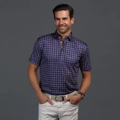 Semi-Spread Collar Polo Cordoba Navy And Orange Three Stripe Grid