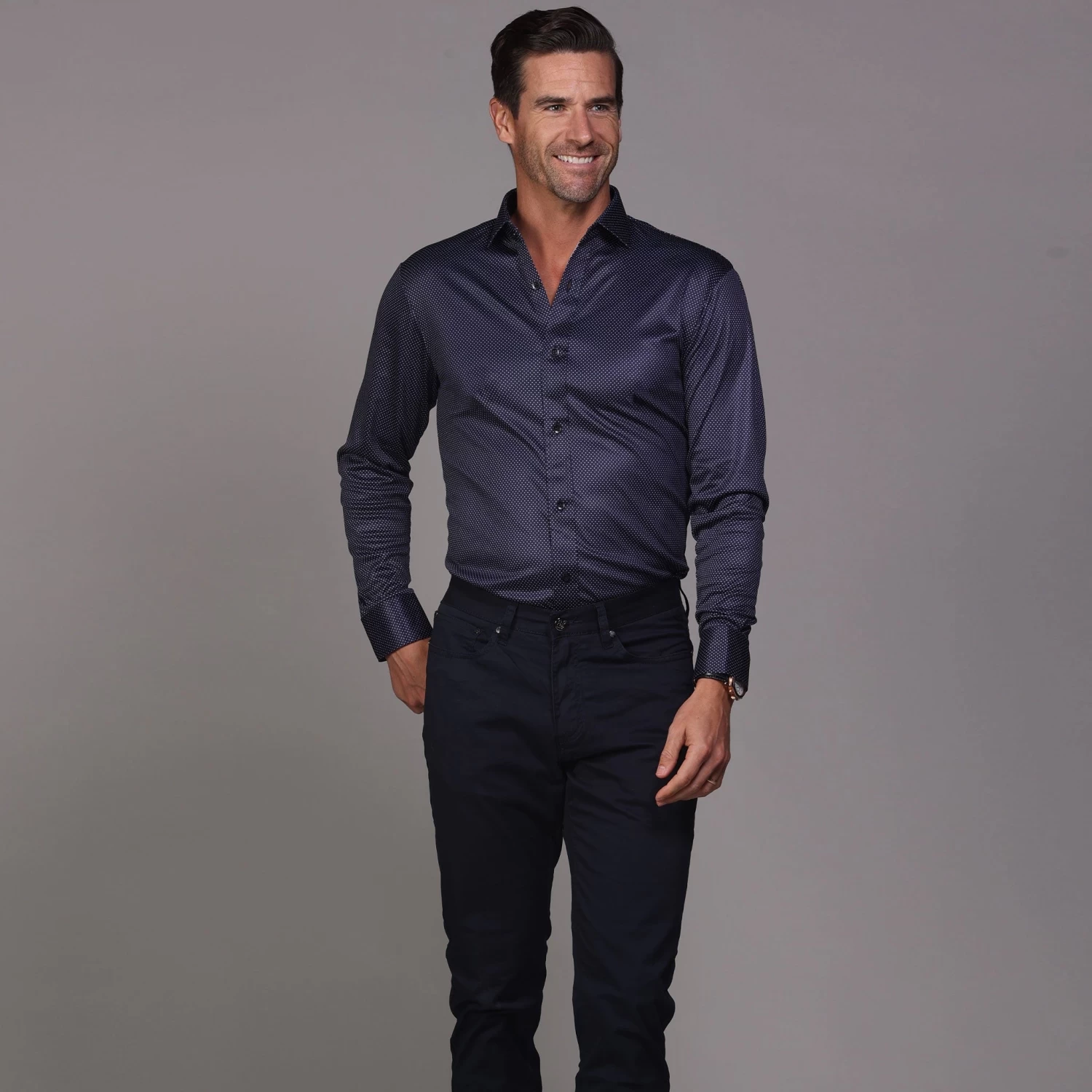 Quattro Flex Dress Shirt With Semi-Spread Collar Midnight Micro Dot - Image 3