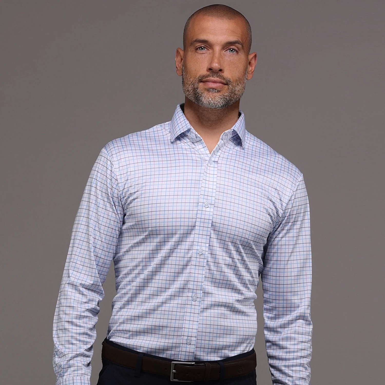 Quattro Flex Dress Shirt With Semi-Spread Collar Blue And Pink Tattersall