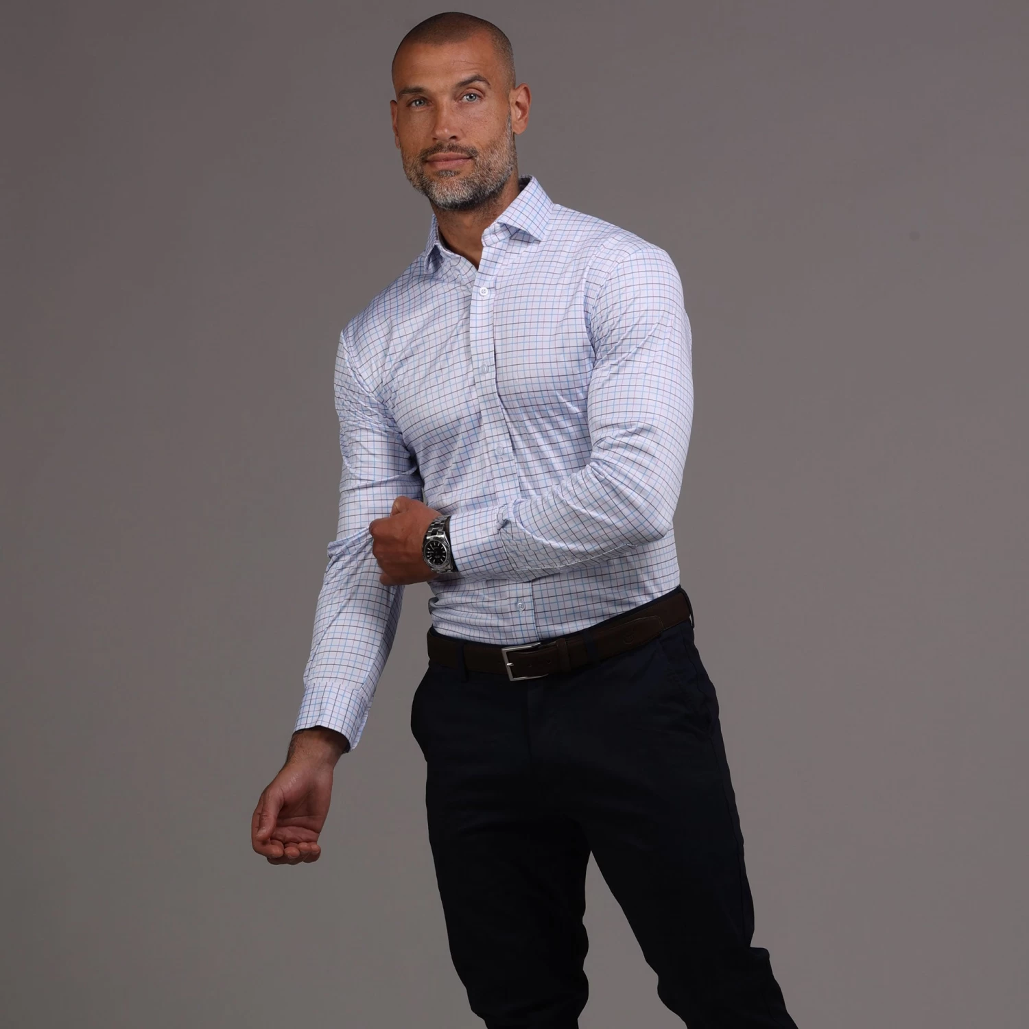 Quattro Flex Dress Shirt With Semi-Spread Collar Blue And Pink Tattersall - Image 3
