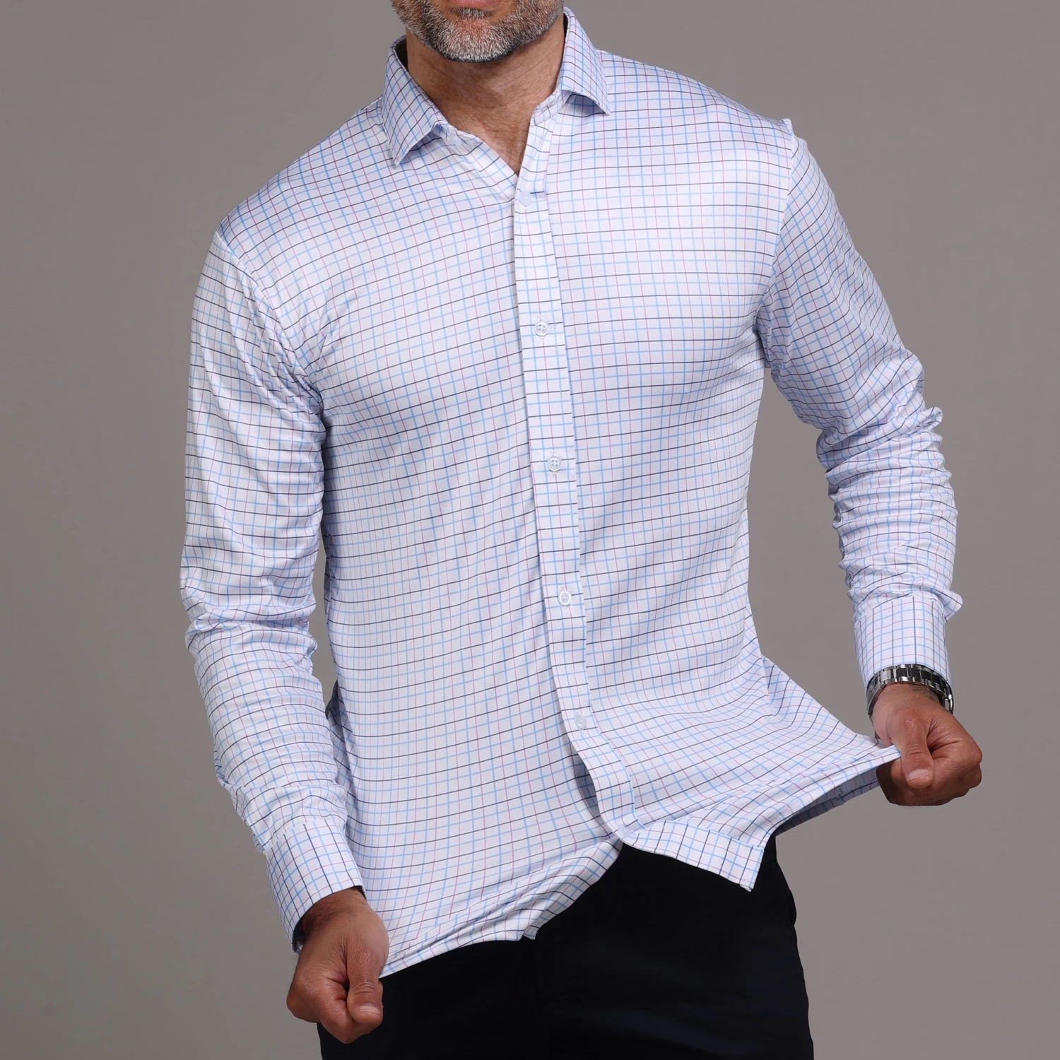 Quattro Flex Dress Shirt With Semi-Spread Collar Blue And Pink Tattersall - Image 5