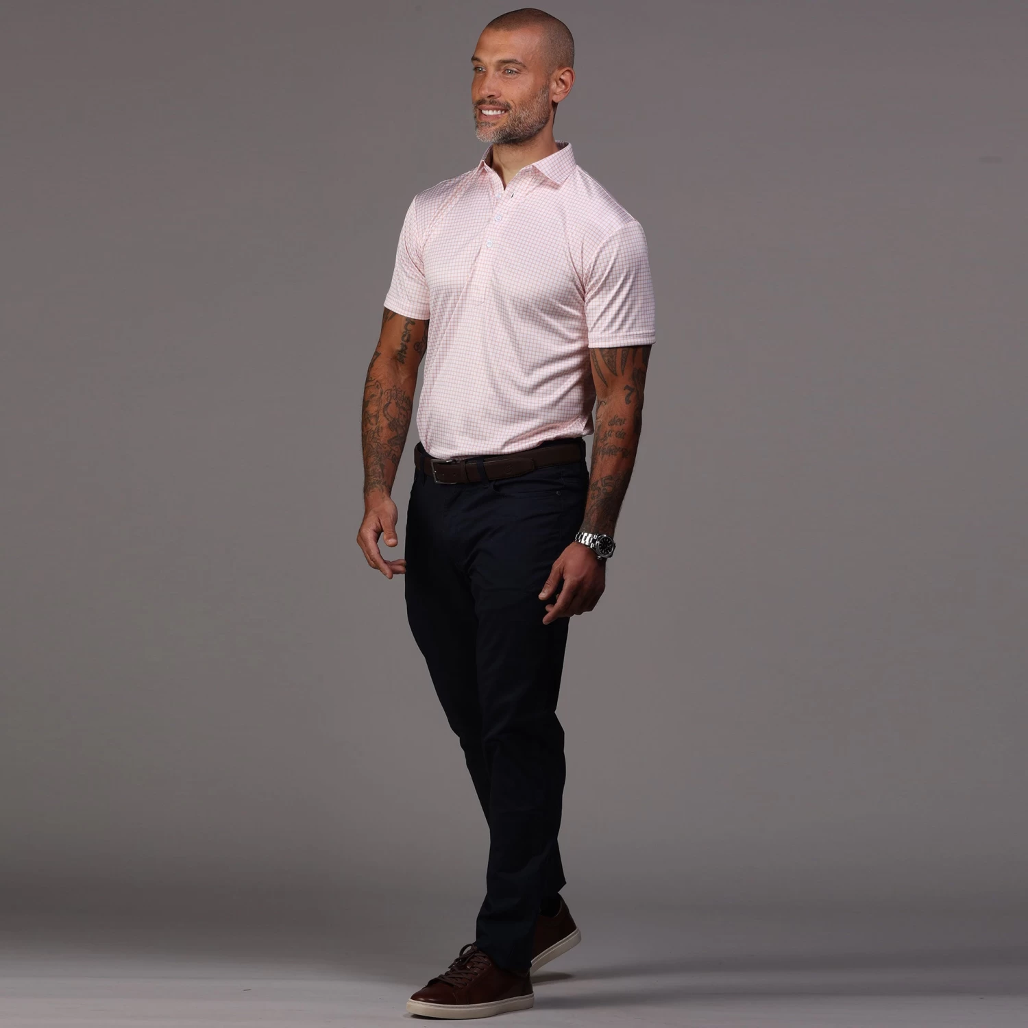 Semi-Spread Collar Polo Orange Grid - Image 5