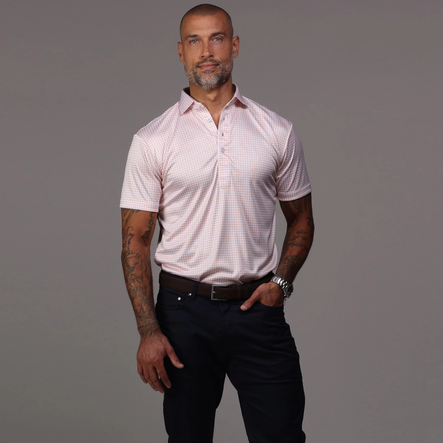 Semi-Spread Collar Polo Orange Grid - Image 3