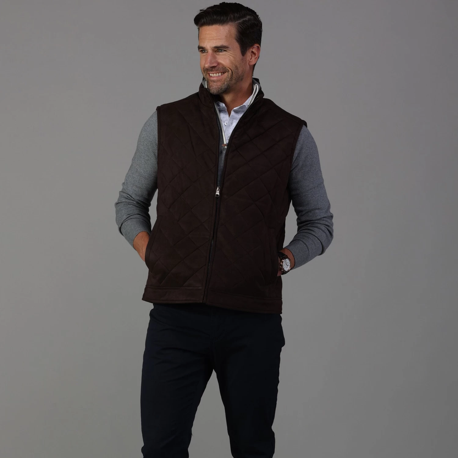 Brown Tech Suede Cambridge Quilted Vest - Image 3