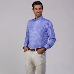 Quattro Flex Dress Shirt With Button Down Collar Blue And Purple Tattersall
