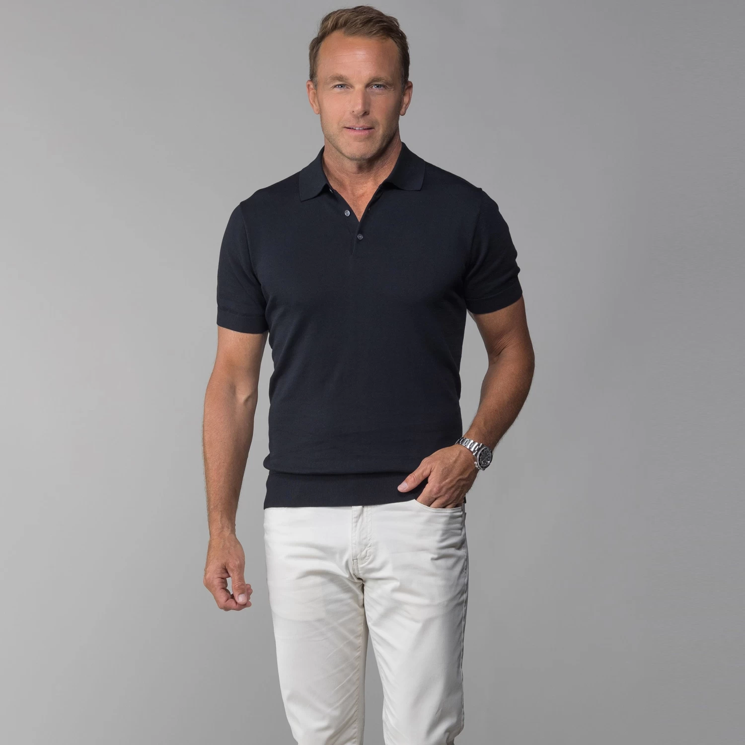 The Maranello Cotton & Silk Three Button Polo Black - Tailored Fit - Image 3