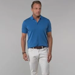 The Maranello Cotton & Silk Three Button Polo Steel Blue - Tailored Fit
