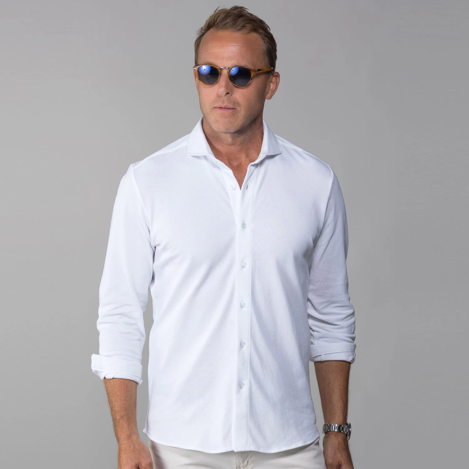Montana Button Down Cotton Piqué Long Sleeve White