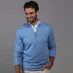 Sky Blue And Light Grey Zen Cotton Blend Reversible Quarter Zip Pullover