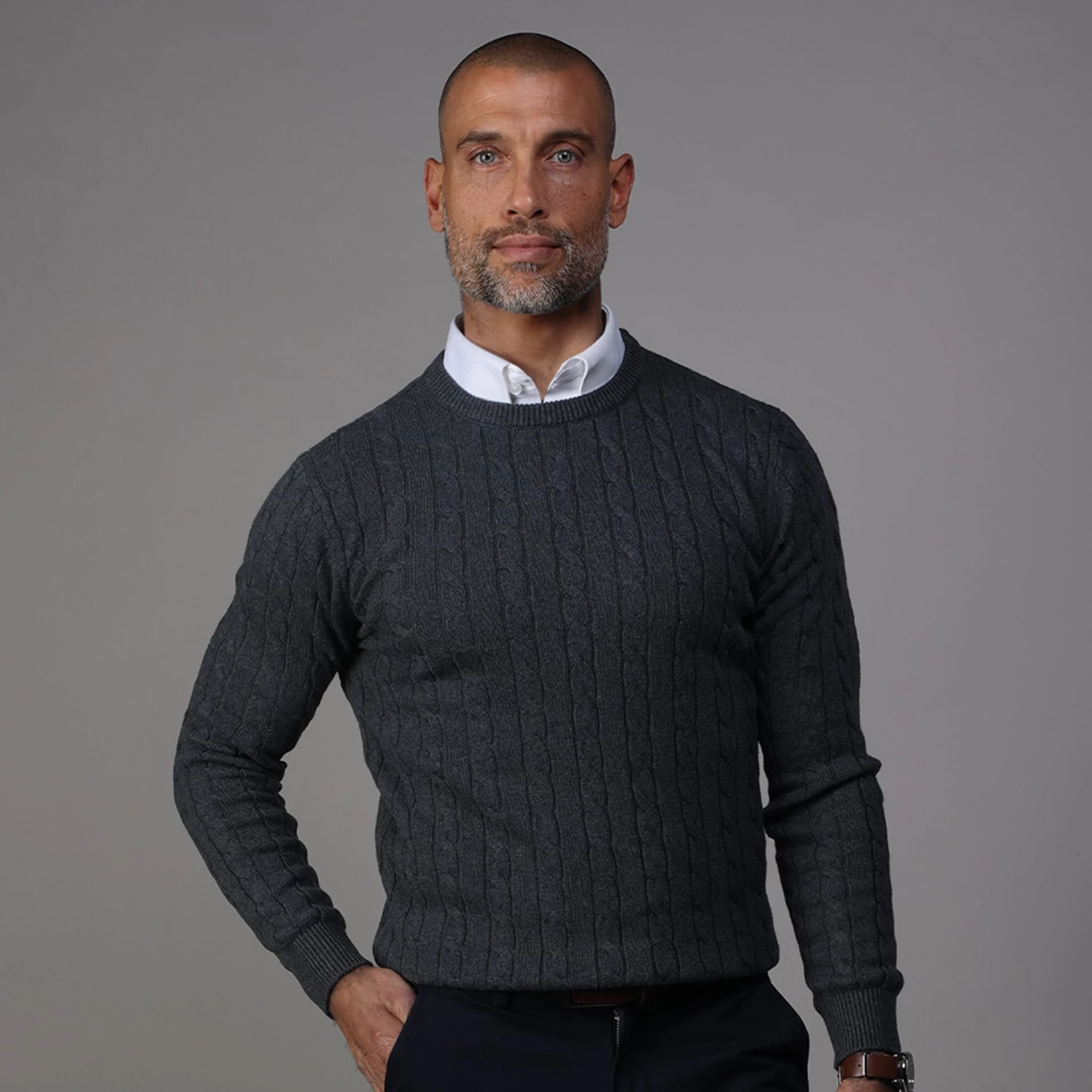 Charcoal Kensington Cable Knit Crew Neck Sweater