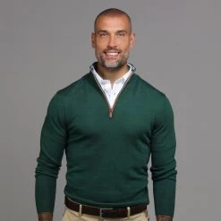 Hunter Green With Brown Suede Trim Cashmere Touch Australian Merino Quarter Zip Sweater