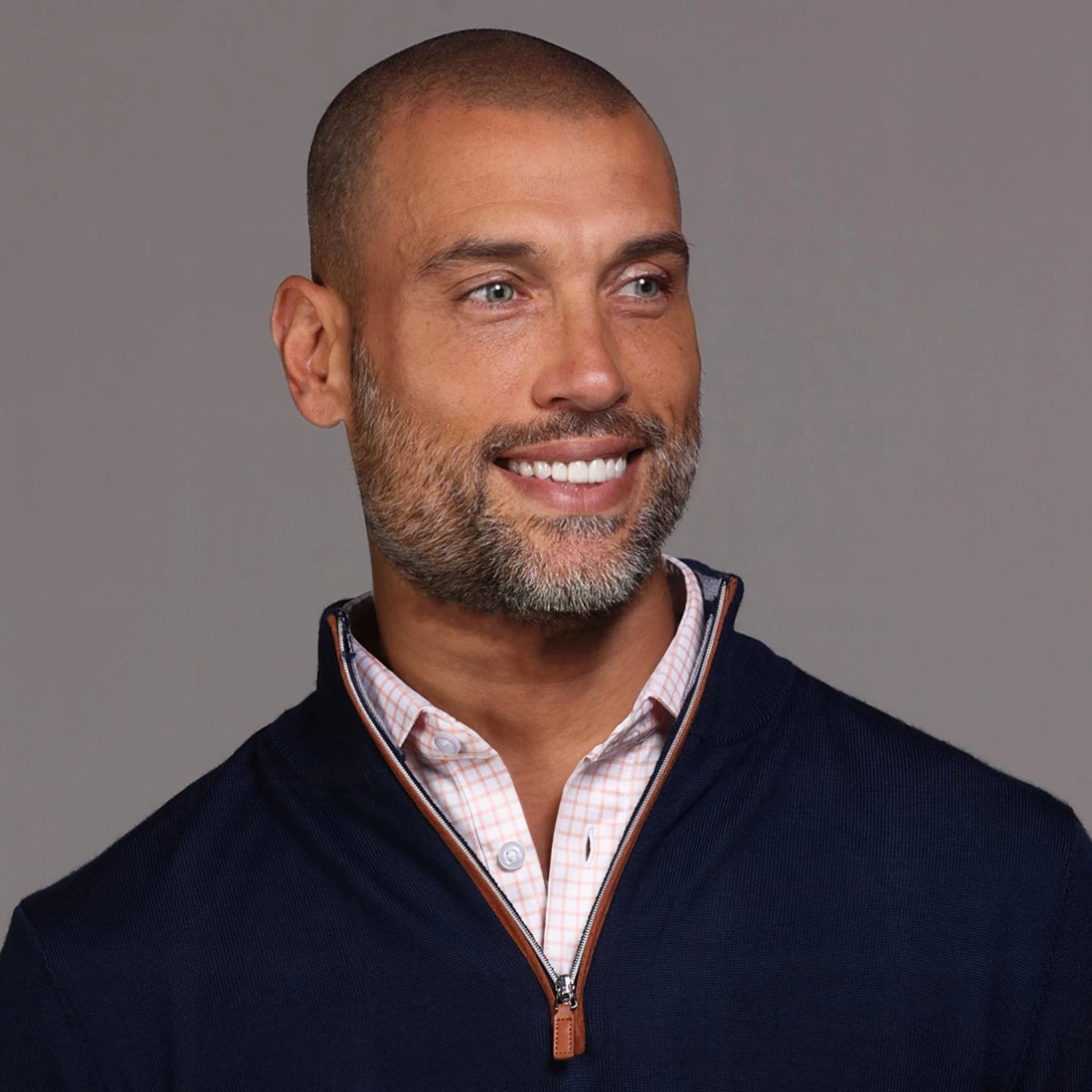 Navy With Brown Suede Trim Cashmere Touch Australian Merino Quarter Zip Sweater - Image 2