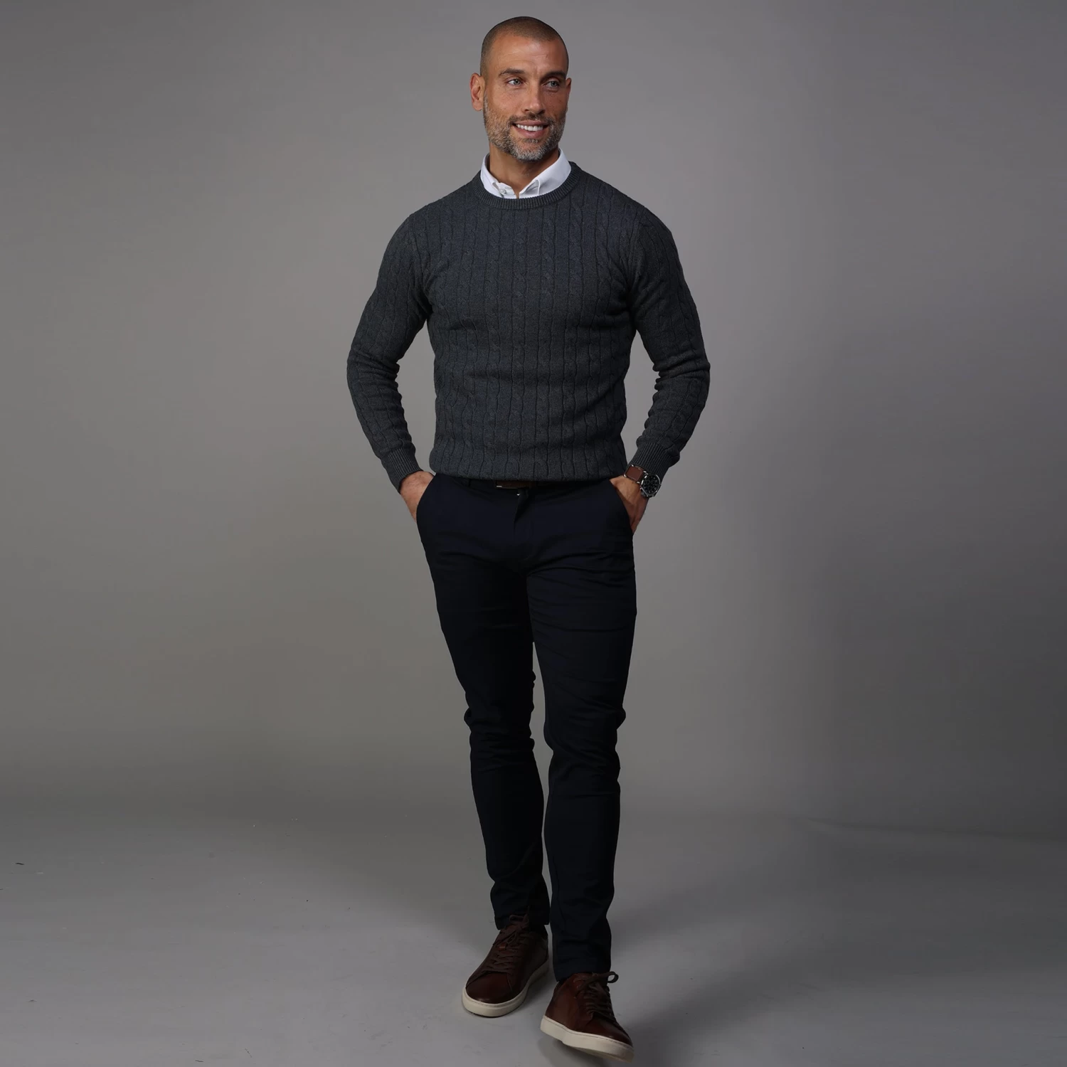 Charcoal Kensington Cable Knit Crew Neck Sweater - Image 4