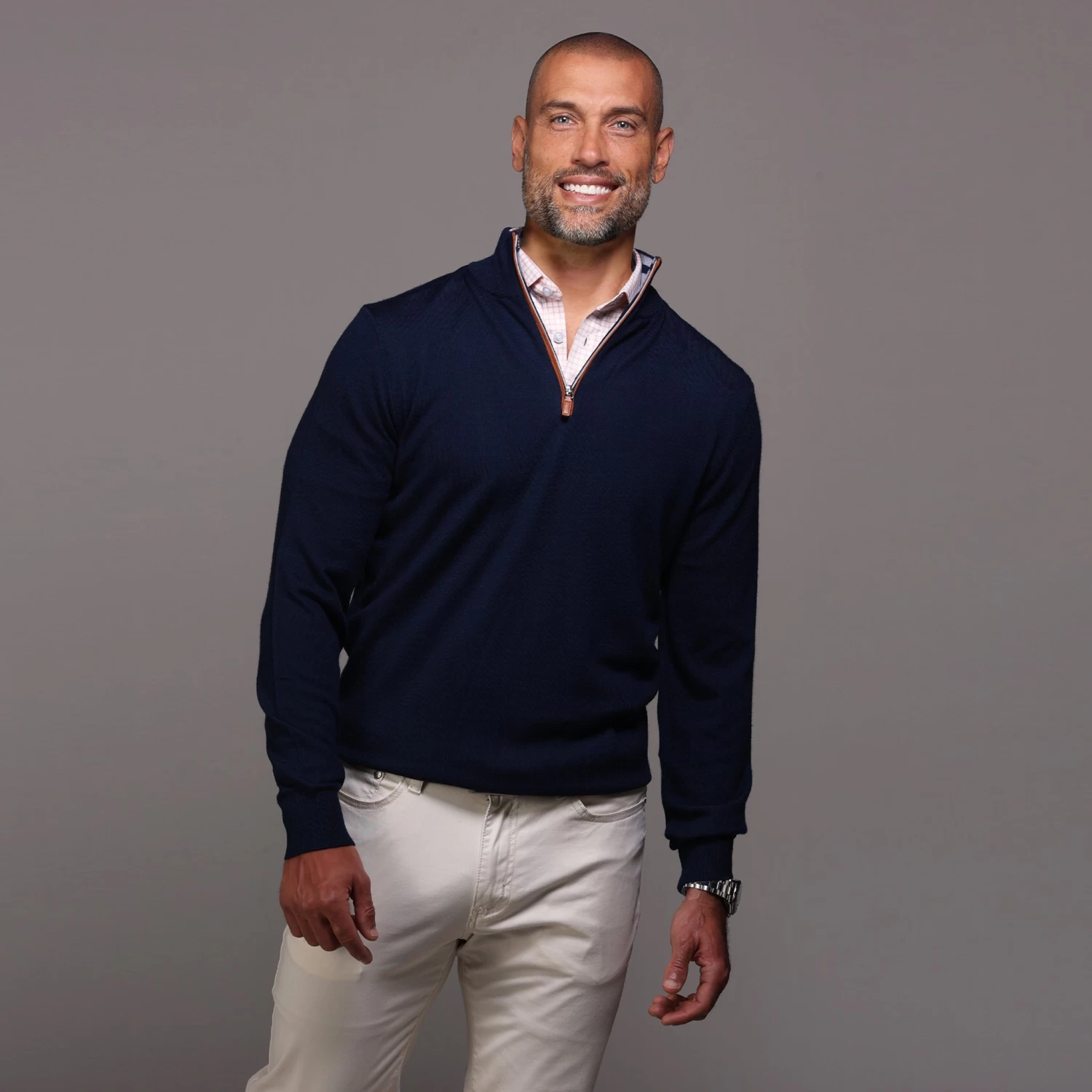 Navy With Brown Suede Trim Cashmere Touch Australian Merino Quarter Zip Sweater - Image 3