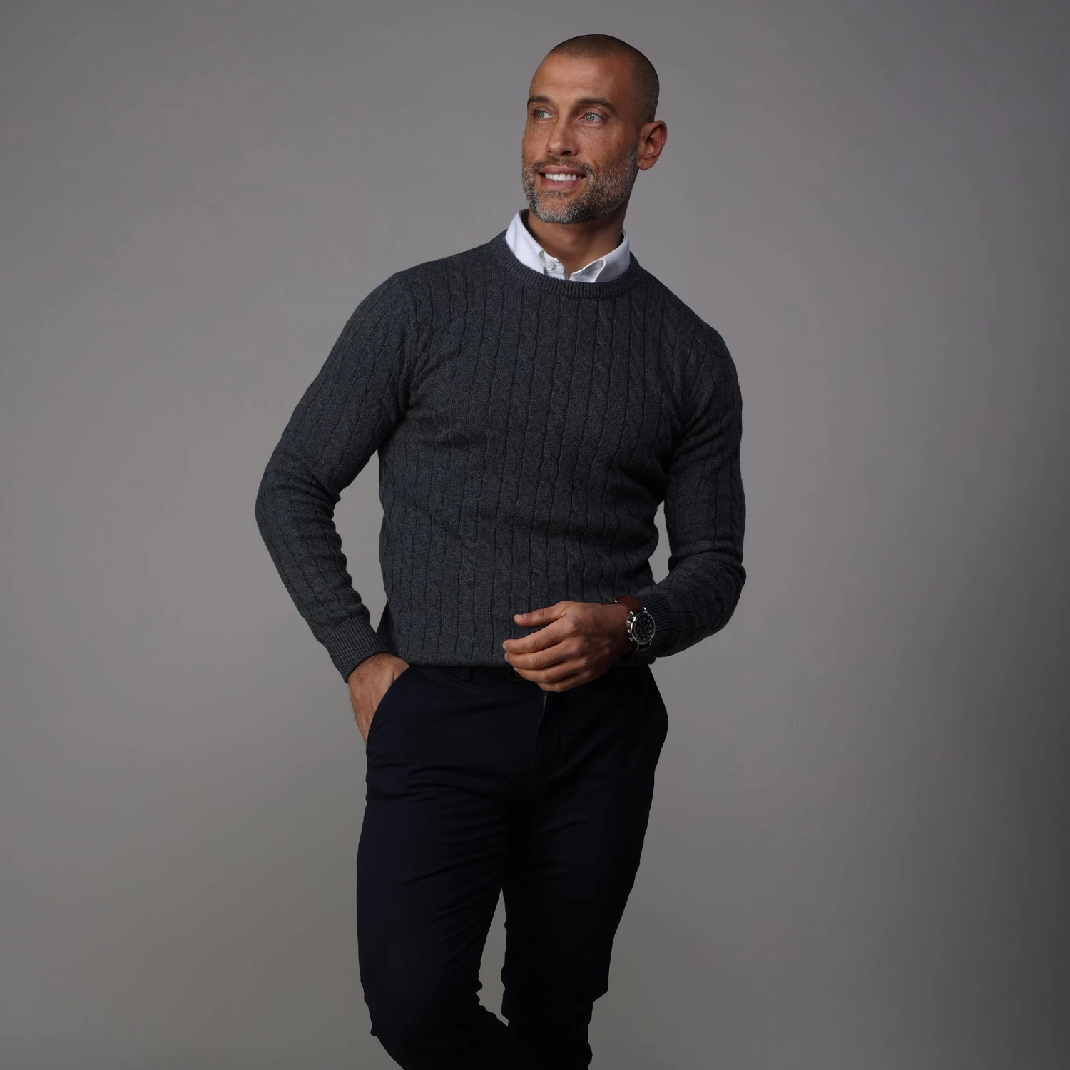 Charcoal Kensington Cable Knit Crew Neck Sweater - Image 3