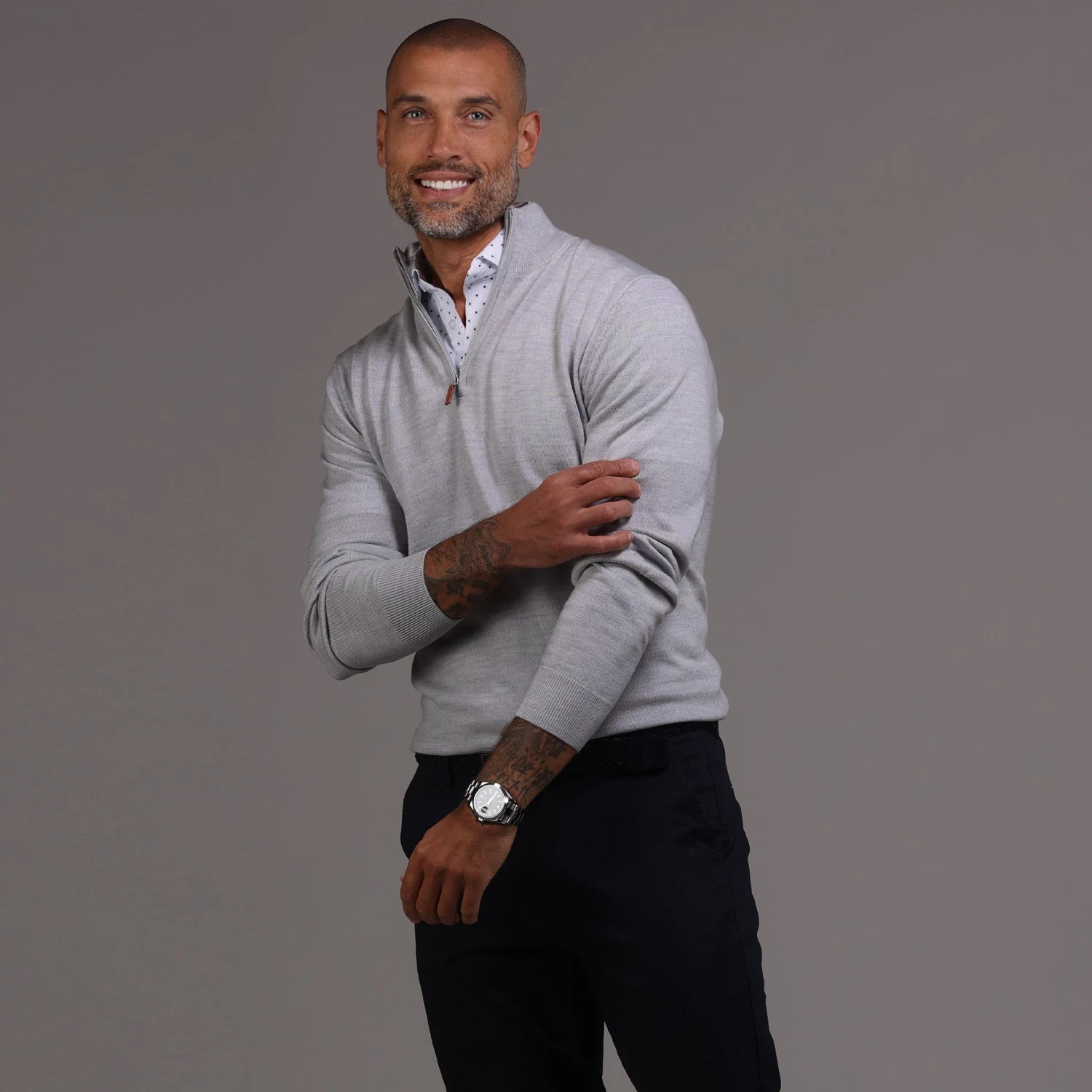 Light Grey Melange Cashmere Touch Australian Merino Quarter Zip Sweater - Image 4