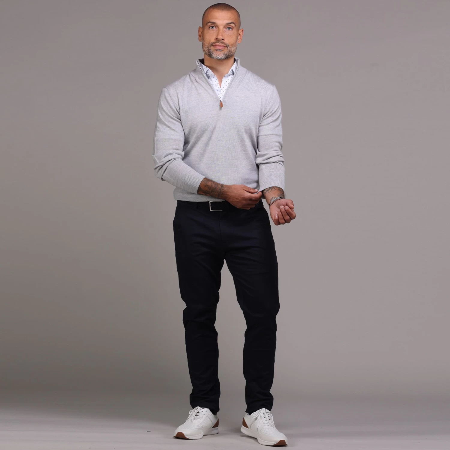 Light Grey Melange Cashmere Touch Australian Merino Quarter Zip Sweater - Image 3